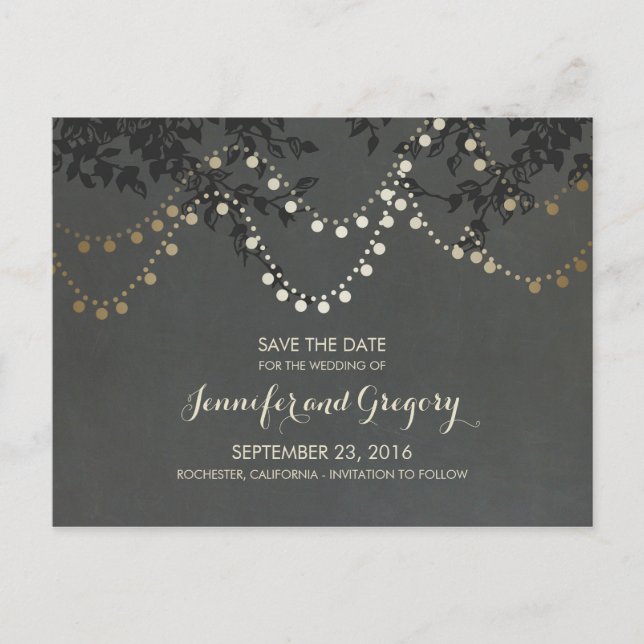 Gold Foil String Lights Save the Date Announcement Postcard (Front)