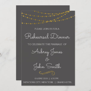 Gold Foil String Lights & Script Rehearsal Dinner Invitation