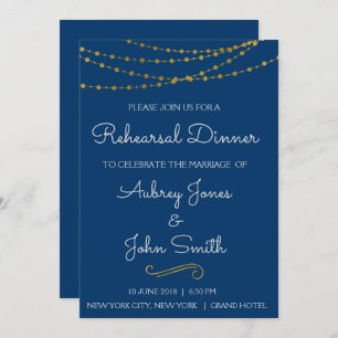 Gold Foil String Lights & Script Rehearsal Dinner Invitation