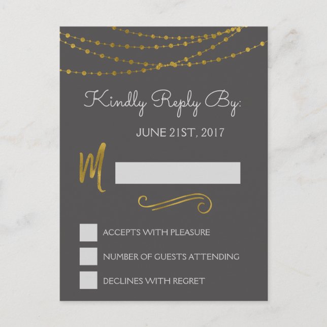 Gold Foil String Lights & Script RSVP Reply Card (Front)