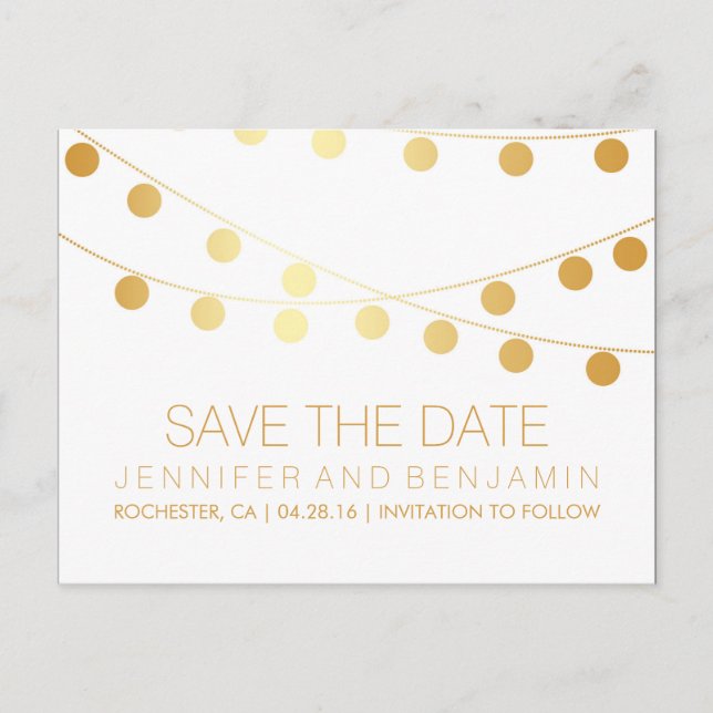 Gold Foil String of Lights Save the Date Announcement Postcard (Front)