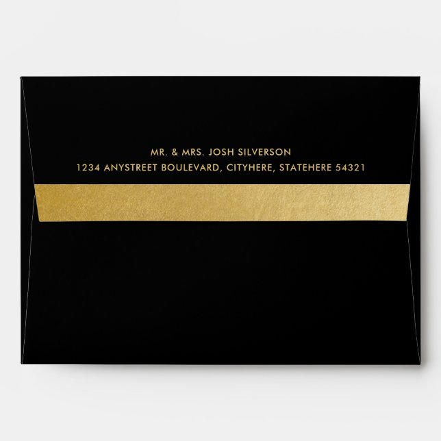 Gold Foil Stripe Return Address Black Mailing Envelope (Back (Top Flap))