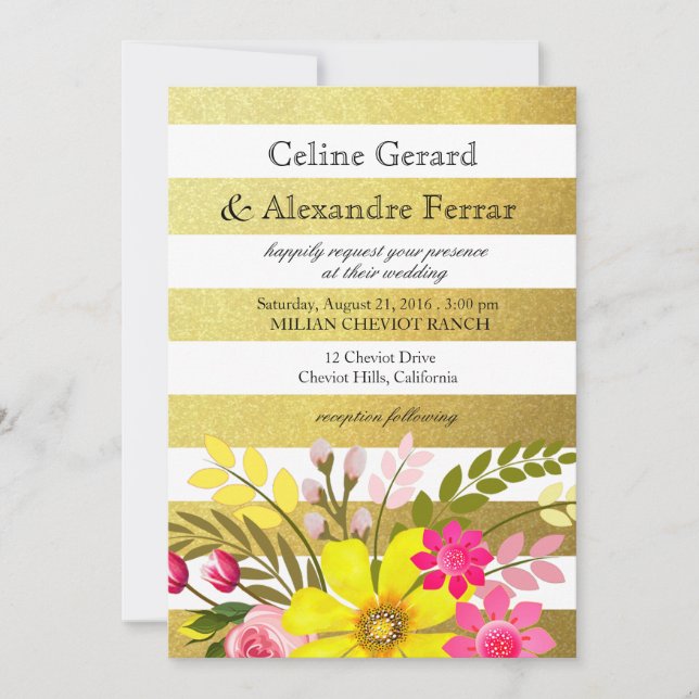 Gold Foil Striped Folklore Flowers Wedding yellow Invitation (Front)