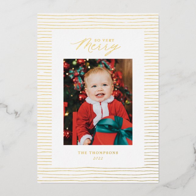 Gold Foil Striped So Very Merry Photo Holiday Card (Front)