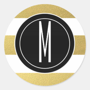 GOLD FOIL STRIPES BLACK MONOGRAM CLASSIC ROUND STICKER