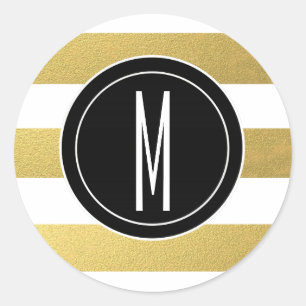 GOLD FOIL STRIPES   BLACK MONOGRAM CLASSIC ROUND STICKER