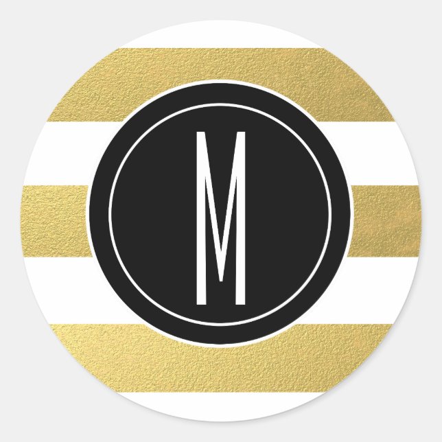GOLD FOIL STRIPES | BLACK MONOGRAM CLASSIC ROUND STICKER (Front)