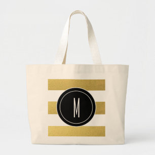 GOLD FOIL STRIPES   BLACK MONOGRAM LARGE TOTE BAG