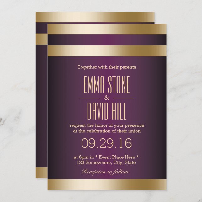 Gold Foil Stripes Dark Purple Wedding Invitation (Front/Back)