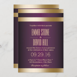 Gold Foil Stripes Dark Purple Wedding Invitation