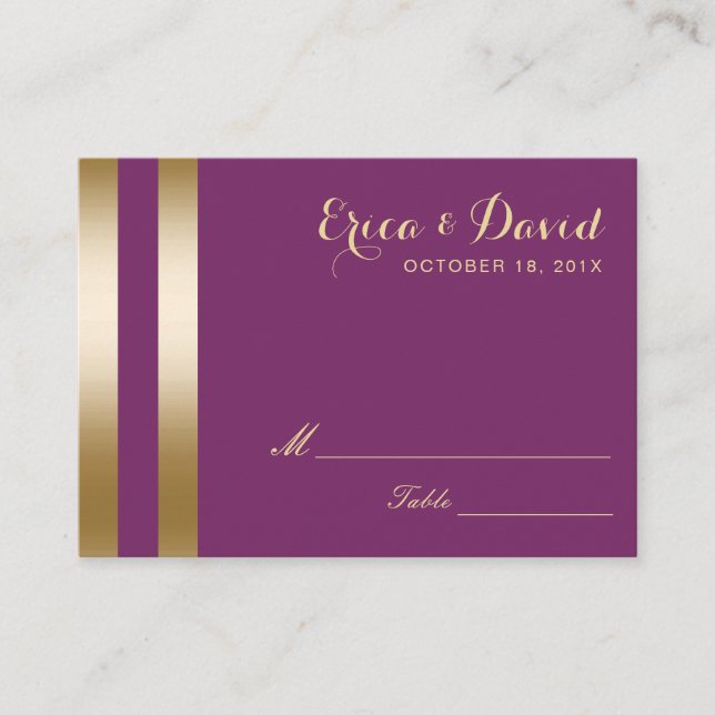 Gold Foil Stripes Elegant Purple Wedding Seating Place Card (Front)