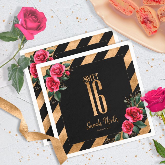 Gold Foil Stripes Floral Black ID757 Napkin (Creator Uploaded)