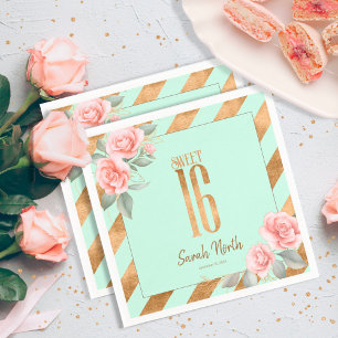 Gold Foil Stripes Floral Mint Green ID757 Napkin
