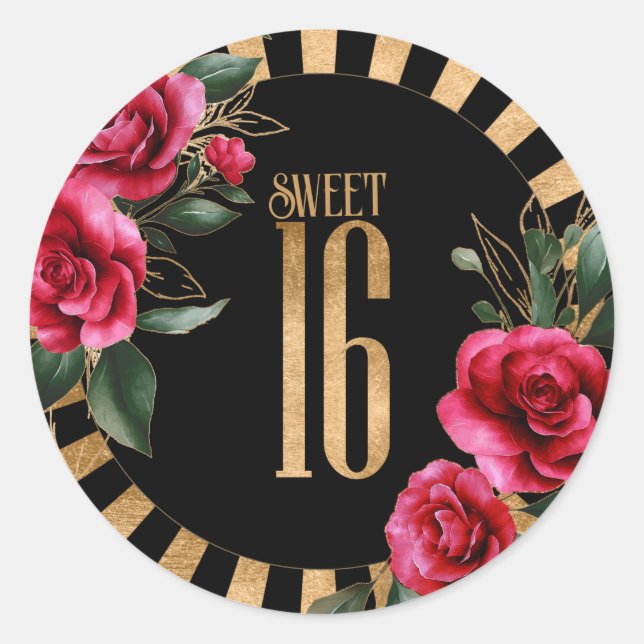 Gold Foil Stripes Floral Sweet Sixteen Black ID757 Classic Round Sticker (Front)