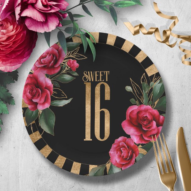 Gold Foil Stripes Floral Sweet Sixteen Black ID757 Paper Plate (Creator Uploaded)