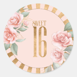 Gold Foil Stripes Floral Sweet Sixteen Blush ID757 Classic Round Sticker