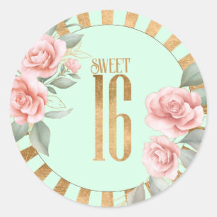 Gold Foil Stripes Floral Sweet Sixteen Mint ID757 Classic Round Sticker