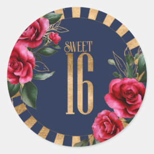 Gold Foil Stripes Floral Sweet Sixteen Navy ID757 Classic Round Sticker