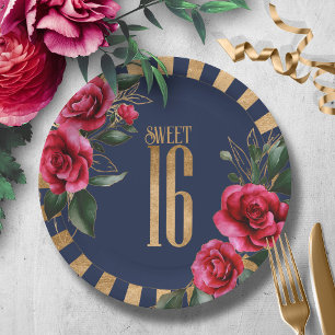 Gold Foil Stripes Floral Sweet Sixteen Navy ID757 Paper Plate