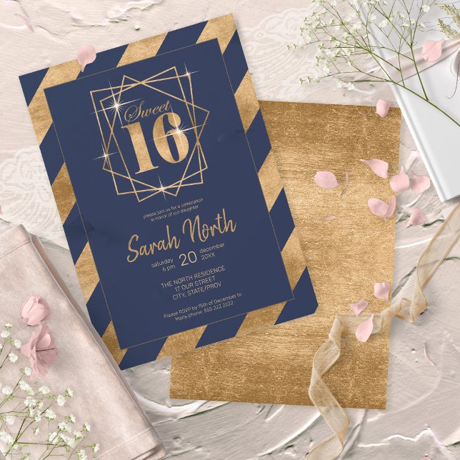 Gold Foil Stripes Frame Sweet 16 Navy ID758 Invitation (Creator Uploaded)