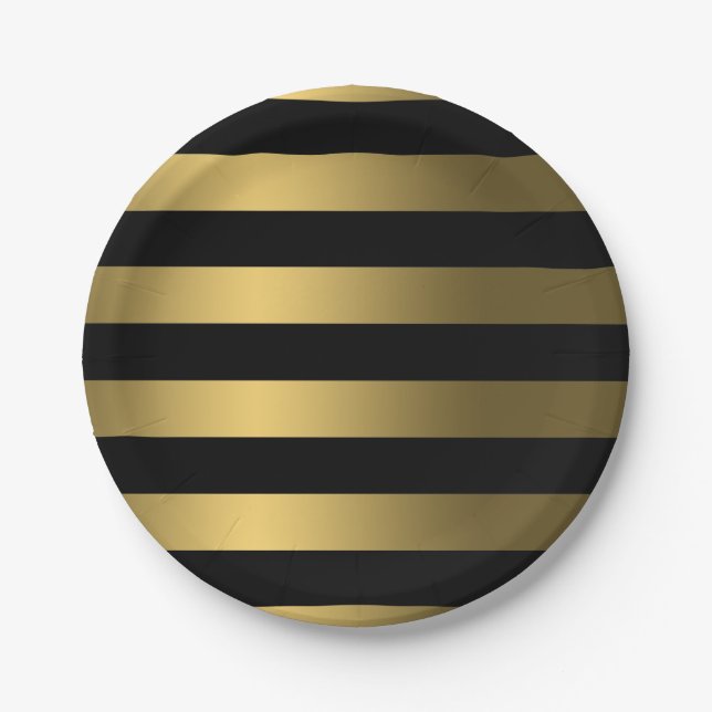 Gold Foil Stripes on Black Classy Paper Plate (Front)