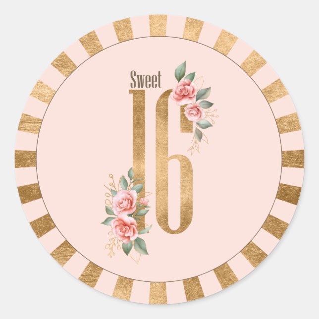 Gold Foil Stripes Sweet Sixteen Blush ID756 Classic Round Sticker (Front)