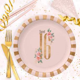Gold Foil Stripes Sweet Sixteen Blush ID756 Paper Plate