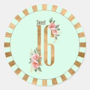 Gold Foil Stripes Sweet Sixteen Mint Green ID756 Classic Round Sticker