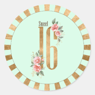 Gold Foil Stripes Sweet Sixteen Mint Green ID756 Classic Round Sticker