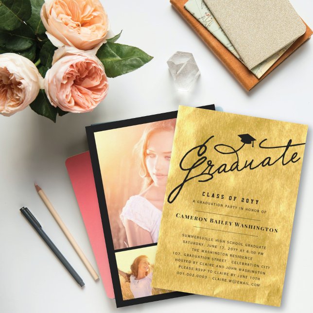 Gold Foil Stylish Graduate Graduation Cap Party Invitation (Creator Uploaded)