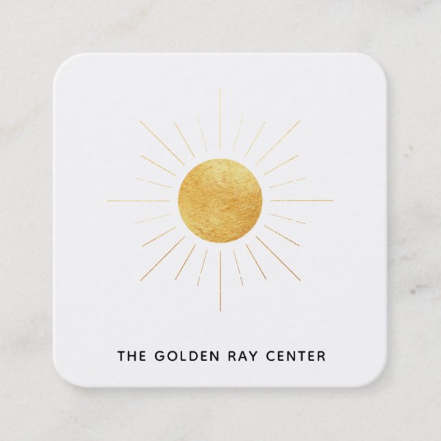 *~* Gold Foil Sun & Golden Rays Spiritual Centre Square Business Card (Front)