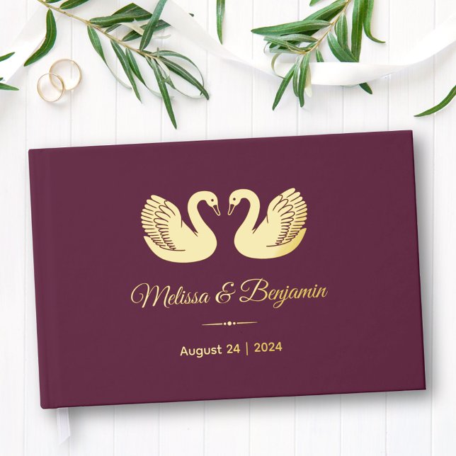 Gold Foil Swans on Burgundy Wedding Guest Book (Creator Uploaded)