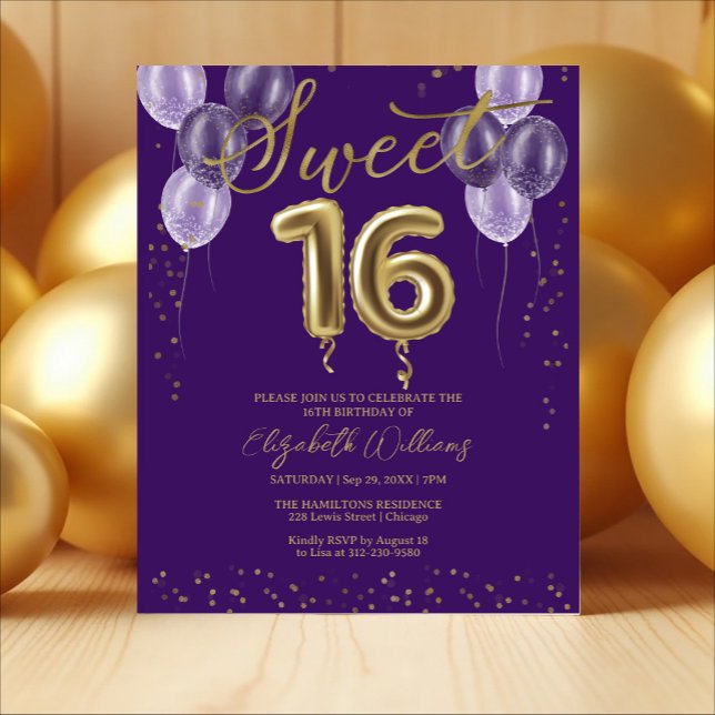 Gold Foil Sweet 16 Balloons Budget Invitations (Creator Uploaded)