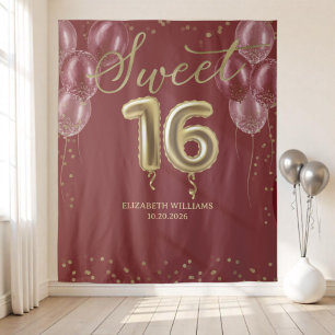 Gold Foil Sweet 16 Balloons Burgundy Backdrop Tapestry