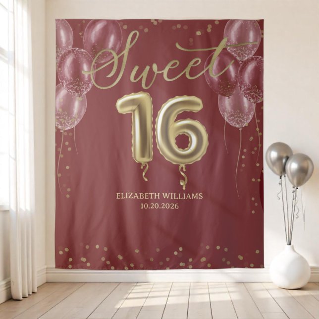 Gold Foil Sweet 16 Balloons Burgundy Backdrop Tapestry (Creator Uploaded)