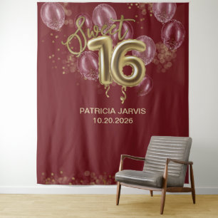 Gold Foil Sweet 16 Balloons Burgundy Backdrops Tapestry