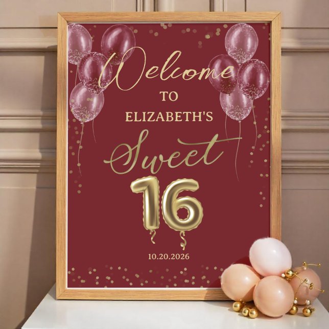Gold Foil Sweet 16 Balloons Burgundy Welcome Sign  (Creator Uploaded)