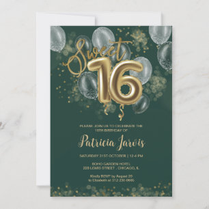 Gold Foil Sweet 16 Balloons Party Emerald Green Invitation
