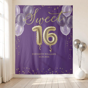 Gold Foil Sweet 16 Balloons Party Purple Backdrop Tapestry