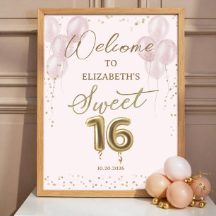 Gold Foil Sweet 16 Balloons Pink Welcome Sign