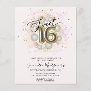 Gold Foil Sweet 16 Bday Balloons Budget Invitation