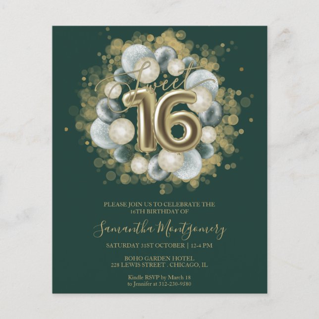 Gold Foil Sweet 16 Bday Balloons Budget Invitation (Front)
