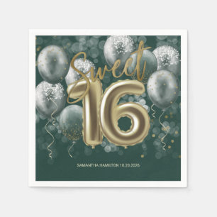 Gold Foil Sweet 16 Bday Balloons Emerald Green Napkin