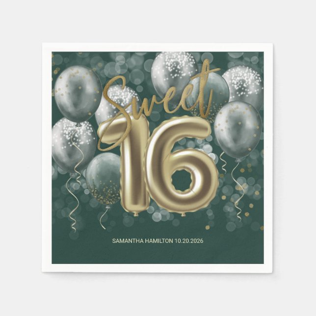 Gold Foil Sweet 16 Bday Balloons Emerald Green Napkin (Front)