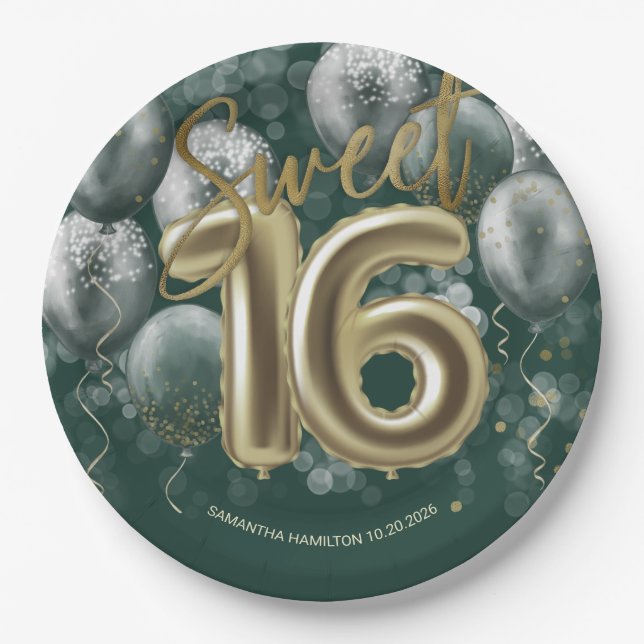 Gold Foil Sweet 16 Bday Balloons Emerald Green Paper Plate (Front)