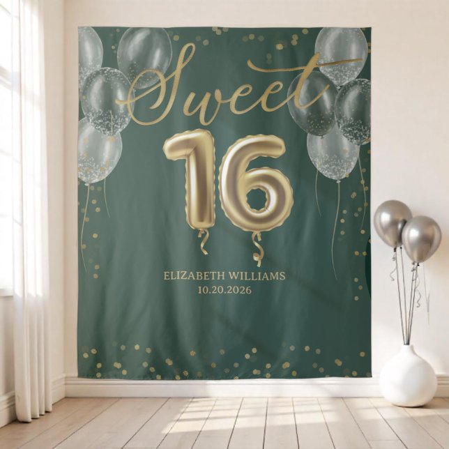 Gold Foil Sweet 16 Bday Balloons Green Backdrops Tapestry (Creator Uploaded)