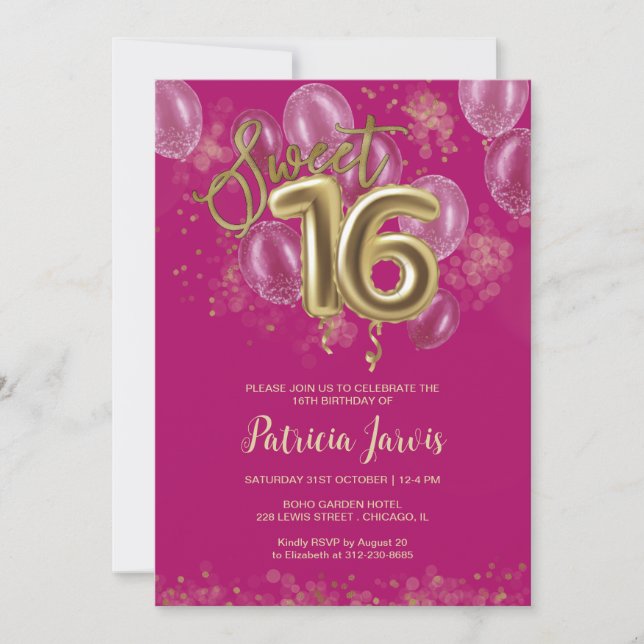 Gold Foil Sweet 16 Bday Balloons Party Hot Pink Invitation (Front)