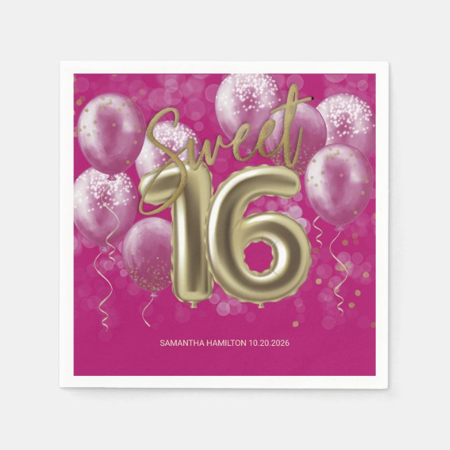 Gold Foil Sweet 16 Bday Balloons Party Hot Pink Napkin (Front)