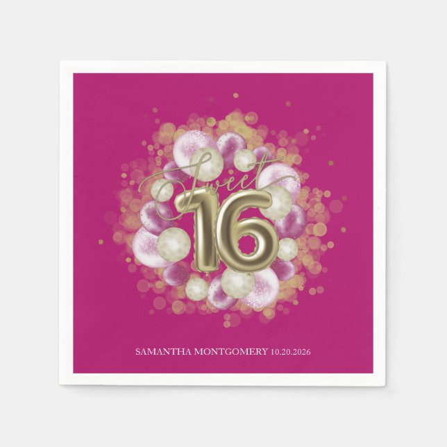 Gold Foil Sweet 16 Bday Balloons Party Hot Pink Napkin (Front)