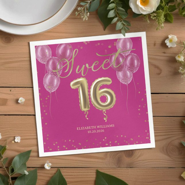 Gold Foil Sweet 16 Bday Balloons Party Hot Pink Napkin (Creator Uploaded)